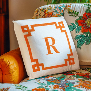 Bright Orange Greek Key Border Monogram Throw Pillow