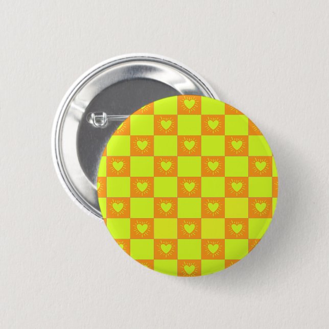 Bright Orange Green Checkered Tile With Hearts Button (Front & Back)