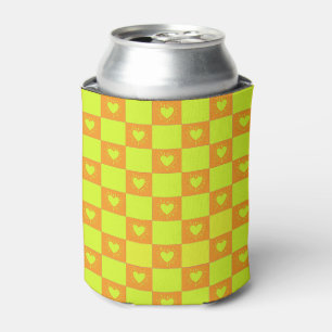 Bright Orange Green Checkered Tile With Hearts Can Cooler