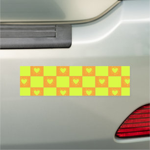 Bright Orange Green Checkered Tile With Hearts Car Magnet