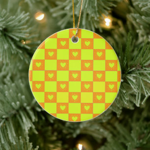 Bright Orange Green Checkered Tile With Hearts Ceramic Ornament