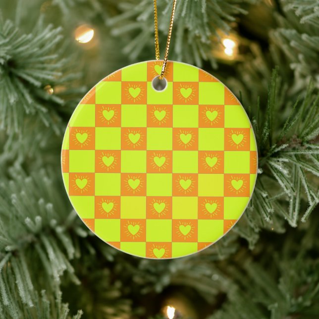 Bright Orange Green Checkered Tile With Hearts Ceramic Ornament (Tree)