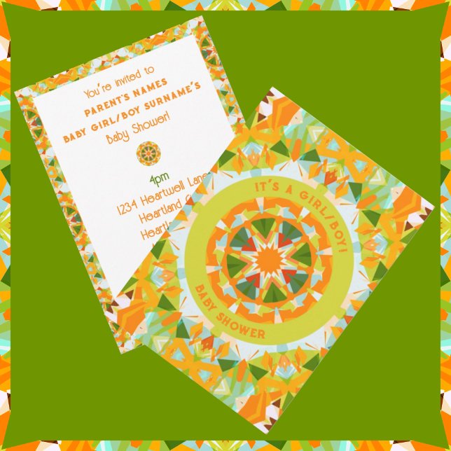 Bright Orange Green Star Baby Girl’s Boy’s Shower Invitation (Bright Orange & Green Gender Neutral Baby Shower Invitations. Front and Back View.)