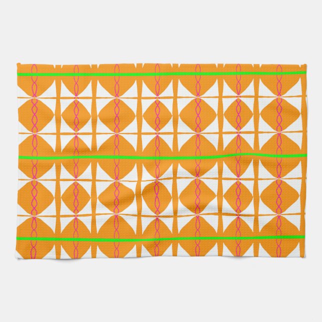 Bright orange, green, white abstract tea towel (Horizontal)