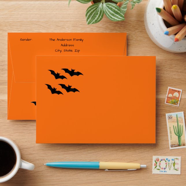 Bright Orange Halloween Envelope with Bats (Desk)