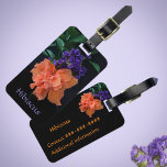 Bright Orange Hibiscus Tropical Customizable Black Luggage Tag<br><div class="desc">This dramatic luggage tag features a fancy orange tropical Hibiscus blossom with purple flowers and green leaves. This vibrant tropical flower is displayed on striking black. Feel the Tropics of this vibrant, bright and colorful floral. Easily personalize with your Name, contact number and any additional information. This is original botanical...</div>
