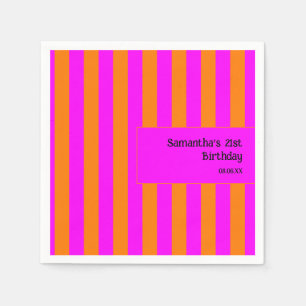 Bright Orange Hot Pink Stripe 21st Birthday Napkins
