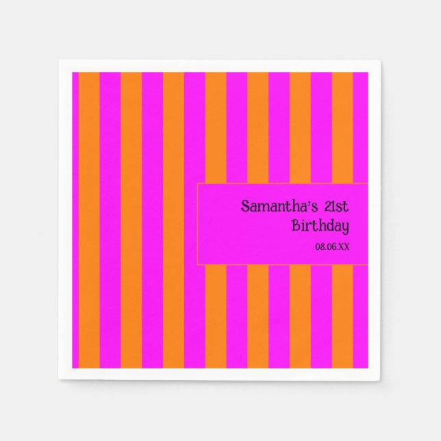 Bright Orange Hot Pink Stripe 21st Birthday Napkins (Front)