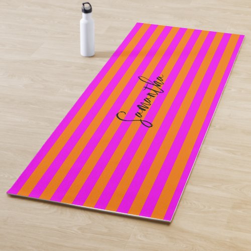 Bright Orange Hot Pink Stripe Pattern Custom Name Yoga Mat