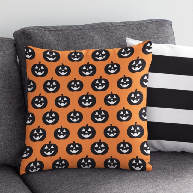 Bright Orange Jack o Lantern Pumpkin Pattern Throw Pillow (Creator Uploaded)
