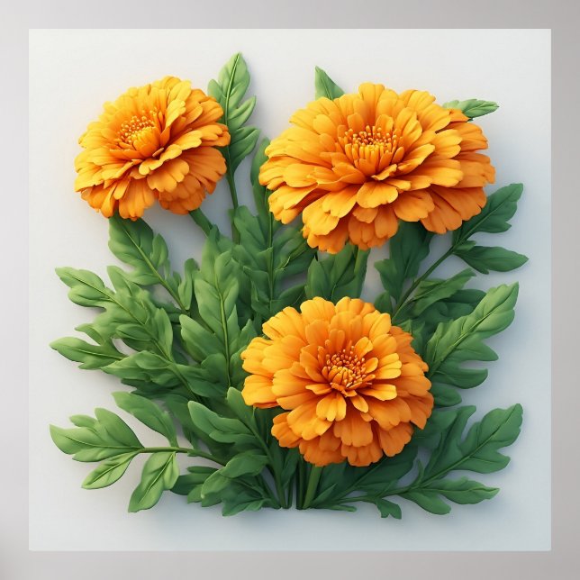 Bright Orange Marigold Flowers With Green Leaves Poster (Front)