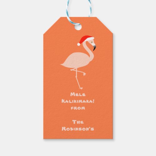 Bright Orange Mele Kalikimaka Flamingo Santa Gift Tags