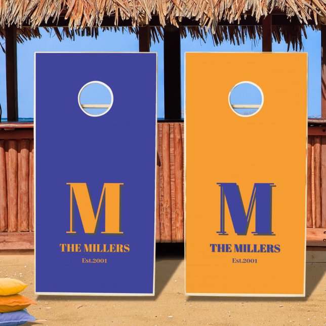 Bright orange monogram beach house  cornhole set (Creator Uploaded)