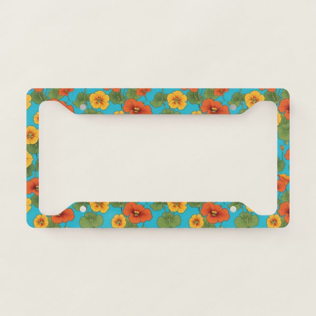 Bright Orange Nasturtiums and Turquoise License Plate Frame (Front)