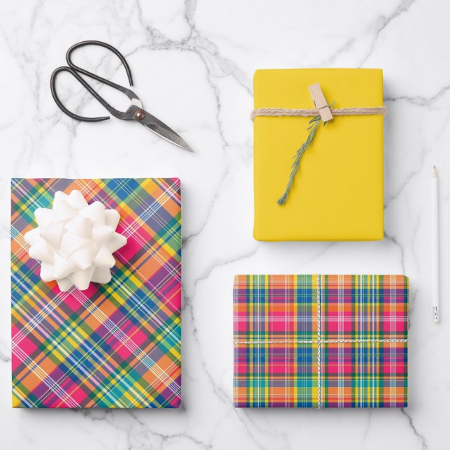 Bright Orange, Pink, Blue, Yellow & Green Plaid Wrapping Paper Sheets (Front)