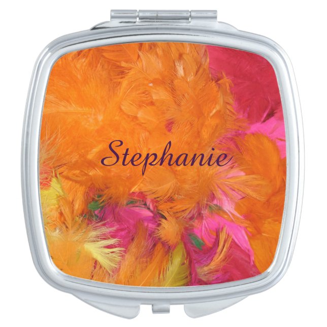 Bright Orange, Pink Feathers, Name, Compact Mirror (Front)