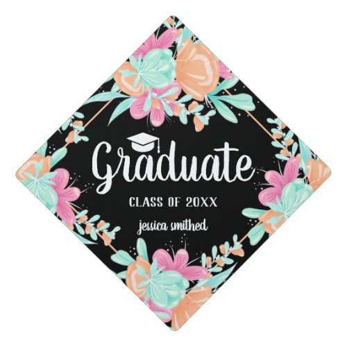 Bright orange pink flowers teal script graduate graduation cap topper