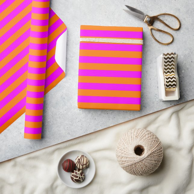 Bright Orange Pink Stripe Pattern Wrapping Paper (Crafts)