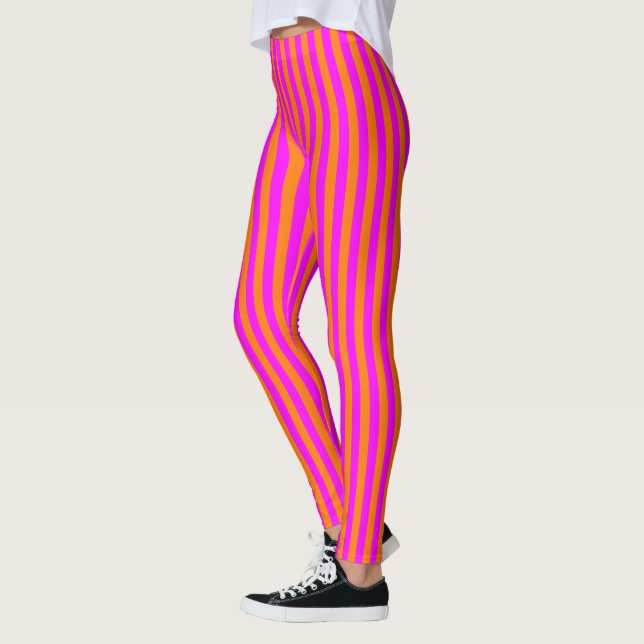 Bright Orange Pink Vertical Stripe Pattern Leggings (Left)