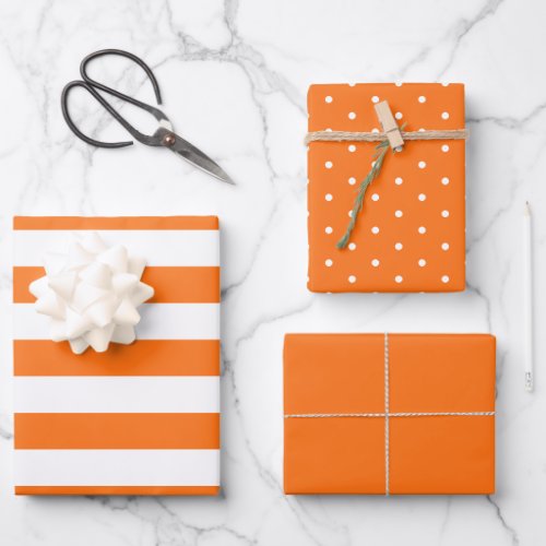 Bright Orange Polka Dot Wide Striped and Solid Wrapping Paper Sheets