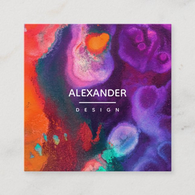 Bright Orange Purple Abstract Watercolor Square Business Card (Front)