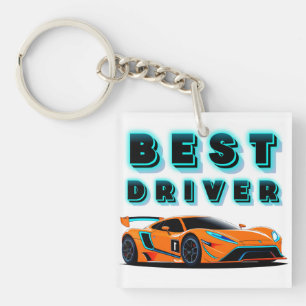 Bright Orange Race Car with Neon Highlights Keychain