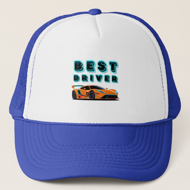 Bright Orange Race Car with Neon Highlights Trucker Hat (Front)
