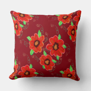 Bright orange Red Flowers on Dark Raspberry Throw Pillow