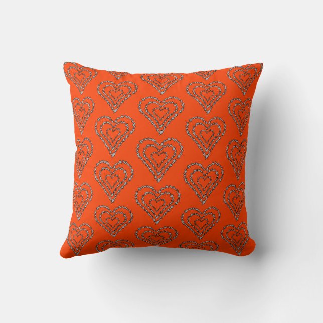 Bright Orange Red Heart Shape Pattern Throw Pillow (Back)