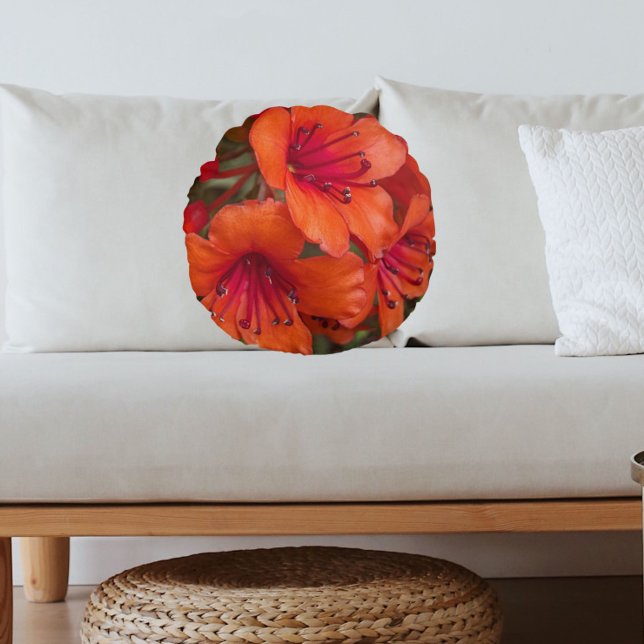 Bright Orange Rhododendron Blooms Floral Round Pillow (In Situ Sofa)