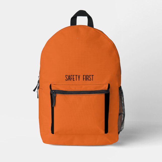 Bright Orange Safety First  Printed Backpack (Front)