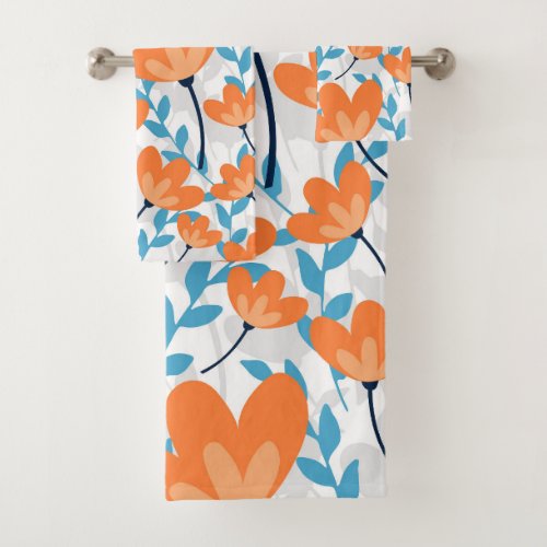 BRIGHT ORANGE TULIPS  BLUE LEAVES BATH TOWEL SET