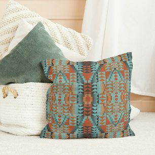 Bright Orange Turquoise Teal Blue Tribal Art Motif Throw Pillow