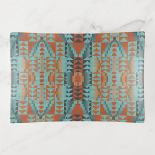 Bright Orange Turquoise Teal Blue Tribal Art Motif Trinket Tray
