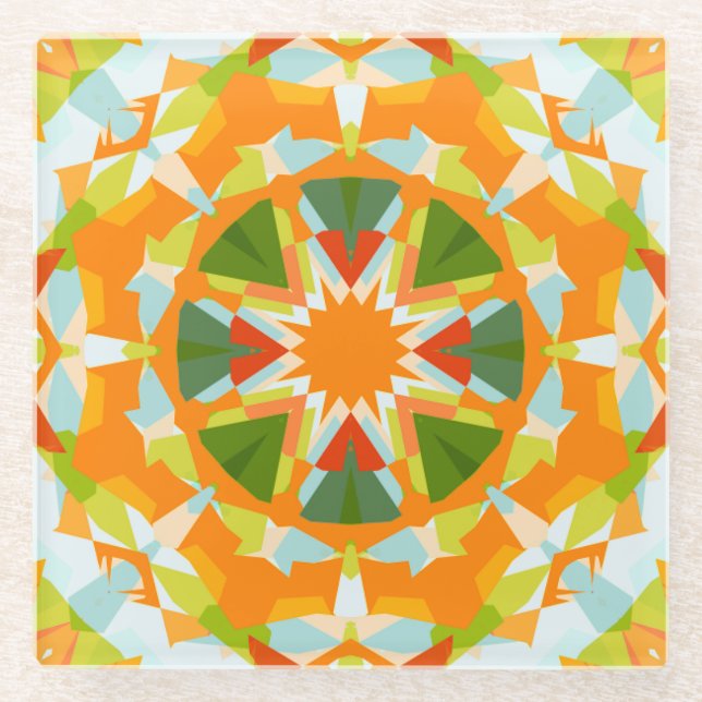 Bright Orange Vibrant Green Star Boho Maximalist Glass Coaster (Front)