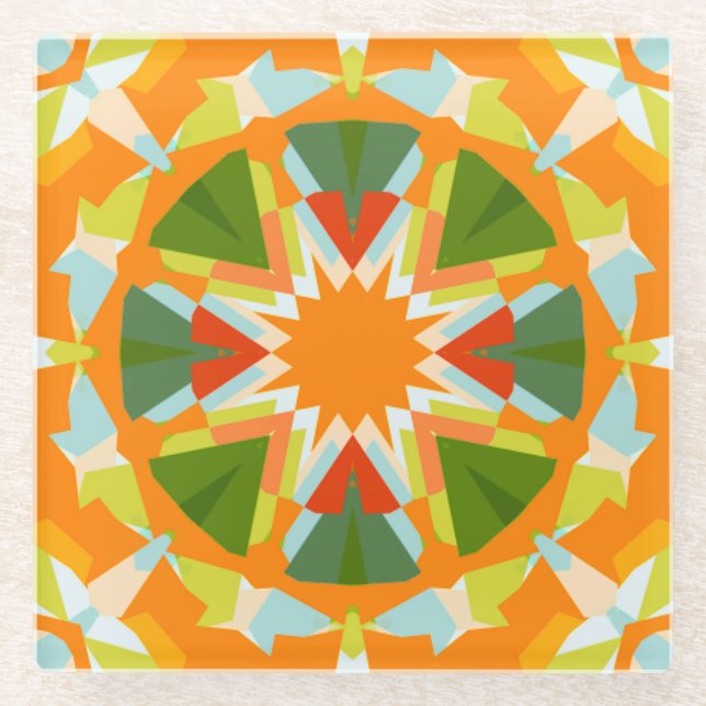 Bright Orange Vibrant Green Star Boho Maximalist Glass Coaster (Front)