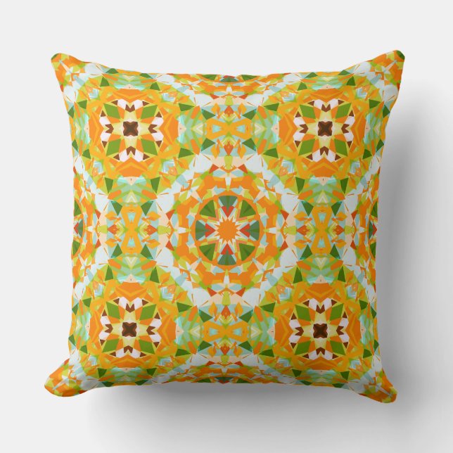 Bright Orange Vibrant Green Star Boho Maximalist Throw Pillow (Front)