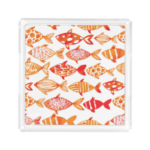 Bright Orange Watercolor Fish Pattern Acrylic Tray