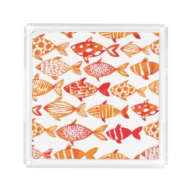 Bright Orange Watercolor Fish Pattern Acrylic Tray (Front)