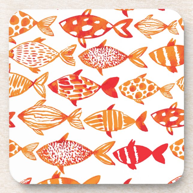 Bright Orange Watercolor Fish Pattern Beverage Coaster (Front)