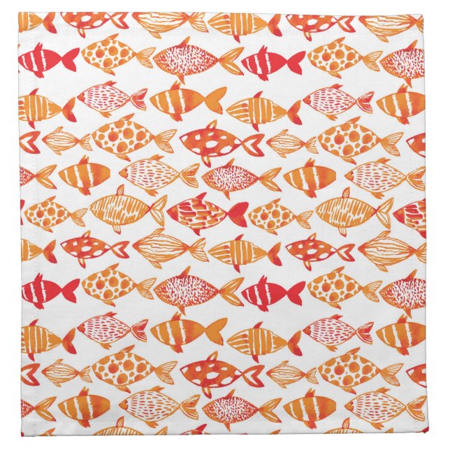 Bright Orange Watercolor Fish Pattern Cloth Napkin (Front)