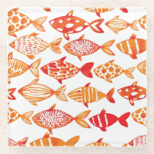 Bright Orange Watercolor Fish Pattern Glass Coaster