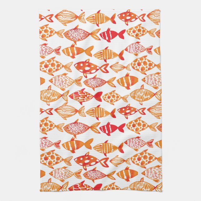 Bright Orange Watercolor Fish Pattern Kitchen Towel (Vertical)