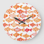 Bright Orange Watercolor Fish Pattern Large Clock