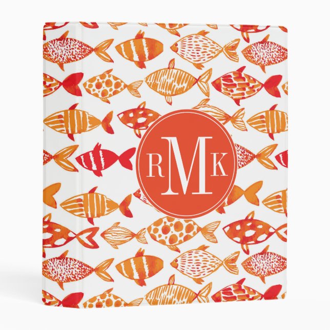 Bright Orange Watercolor Fish Pattern Mini Binder (Front/Spine)