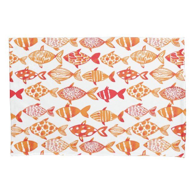 Bright Orange Watercolor Fish Pattern Pillowcase (Front-Left)