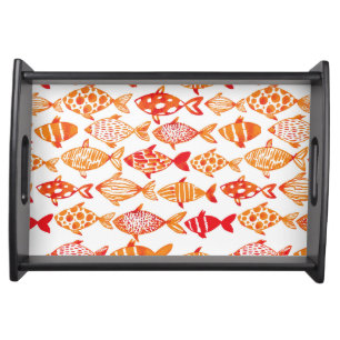 Bright Orange Watercolor Fish Pattern Serving Tray
