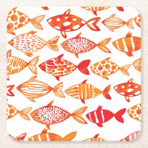 Bright Orange Watercolor Fish Pattern Square Paper Coaster