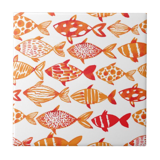 Bright Orange Watercolor Fish Pattern Tile (Front)