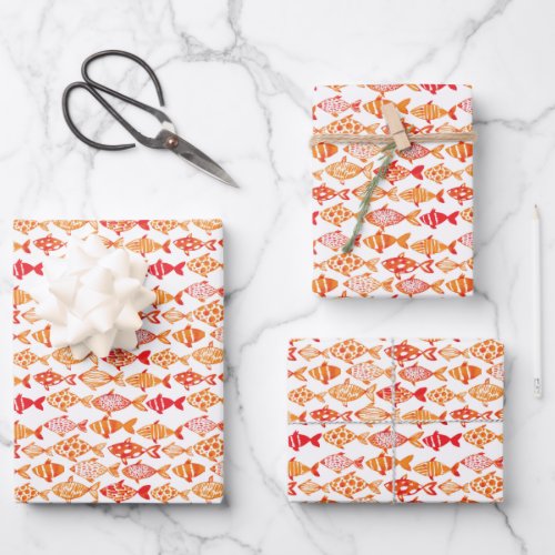 Bright Orange Watercolor Fish Pattern Wrapping Paper Sheets